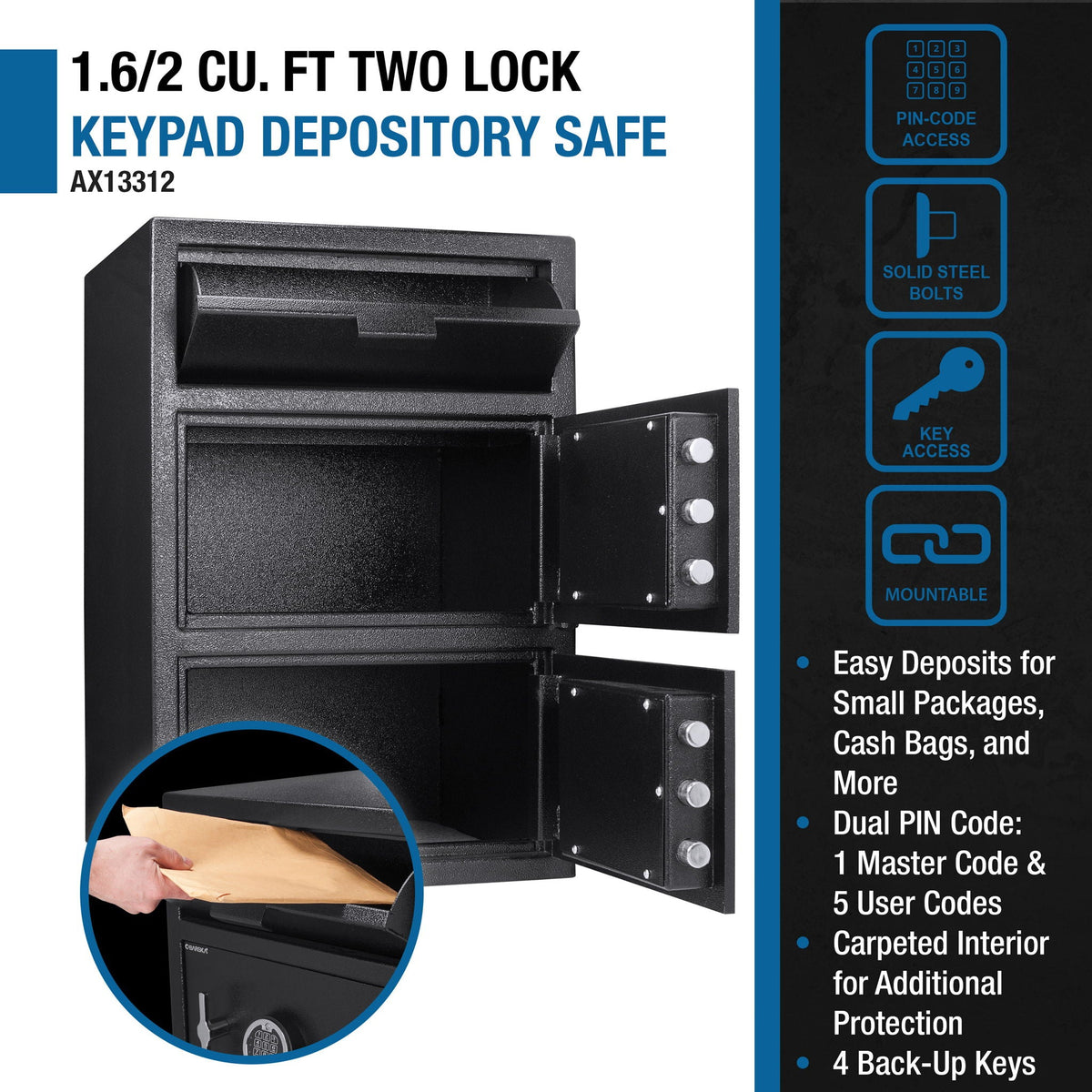 Digital Keypad 2 Lock Depository Safe 1 6 2 Cubic Ft - Black