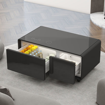 Modern Smart Coffee Table With Built-In Fridge - tooth Speaker, Wireless Charging, Touch Control Panel, USB Interface, Outlet Protection, Atmosphere Light