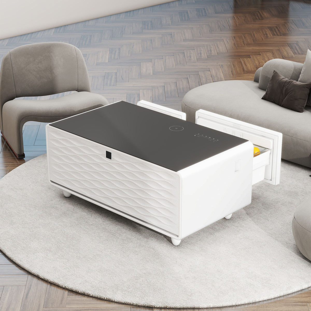 Modern Smart Coffee Table With Built-In Fridge - tooth Speaker, Wireless Charging, Touch Control Panel, USB Interface, Outlet Protection, Atmosphere Light