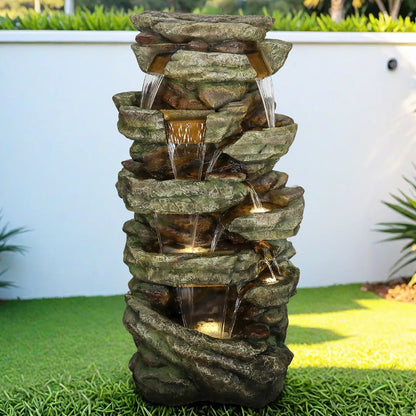 Resin Stacked Stone Rock Waterfall Outdoor Fountain with LED
